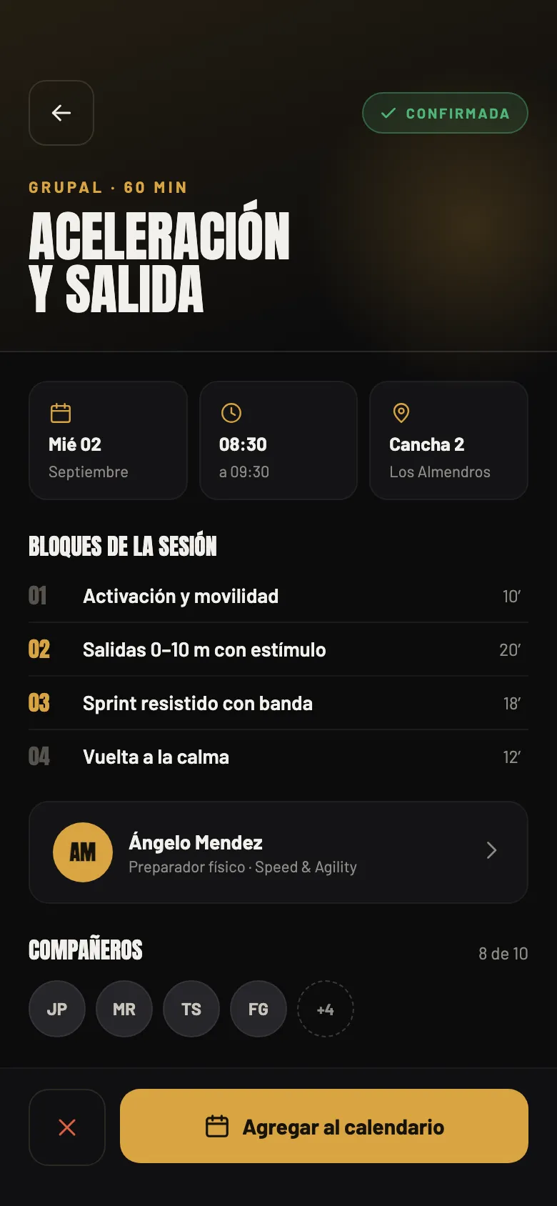 Session detail with date, time, field and the blocks of the session plan.