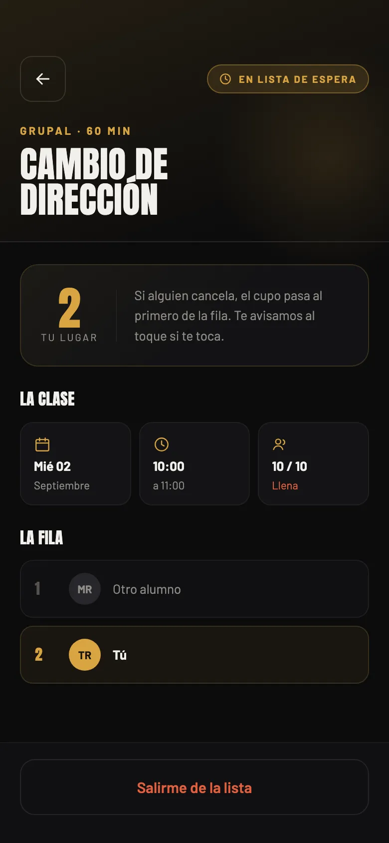 Waitlist screen showing the athlete in second place in line.