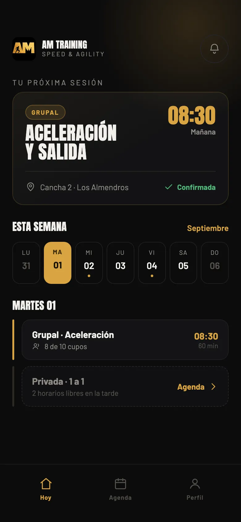 The Today screen of the app: your next session, a group session at 08:30 on field 2, marked as confirmed, followed by the rest of the week.